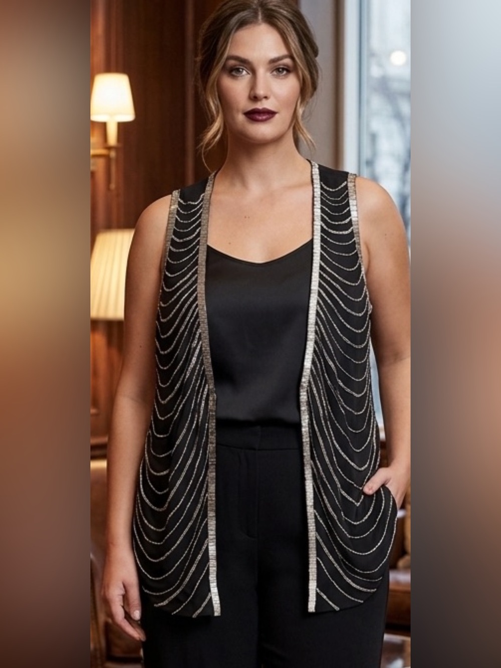 026--Beaded Black Camisole with Embellished Vest